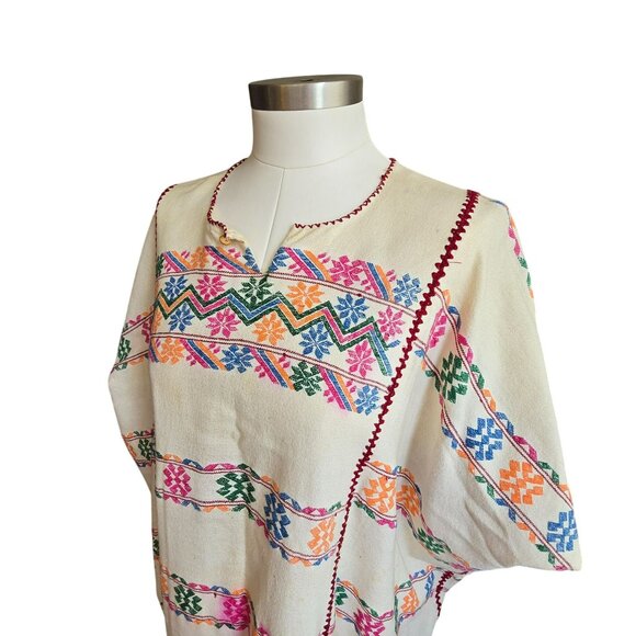 Handmade Guatemalan Huipil Multi-Color Embroidered Cotton Poncho Dress CM2052 - Picture 6 of 15